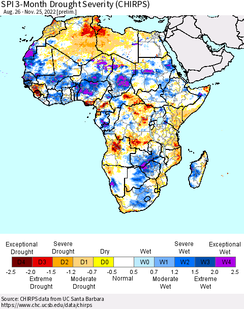 Africa SPI 3-Month Drought Severity (CHIRPS) Thematic Map For 8/26/2022 - 11/25/2022