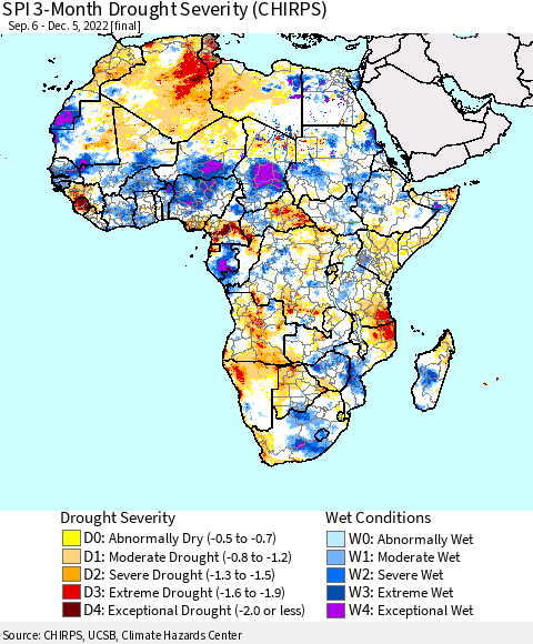 Africa SPI 3-Month Drought Severity (CHIRPS) Thematic Map For 9/6/2022 - 12/5/2022