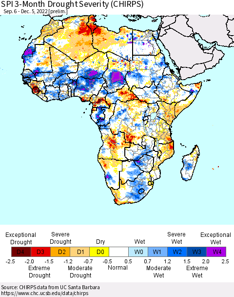 Africa SPI 3-Month Drought Severity (CHIRPS) Thematic Map For 9/6/2022 - 12/5/2022