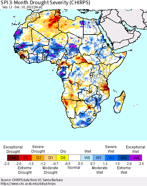 Africa SPI 3-Month Drought Severity (CHIRPS) Thematic Map For 9/11/2022 - 12/10/2022