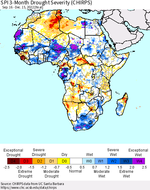 Africa SPI 3-Month Drought Severity (CHIRPS) Thematic Map For 9/16/2022 - 12/15/2022