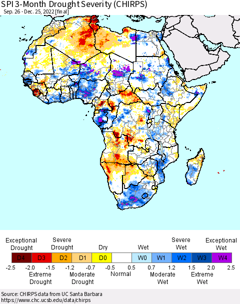 Africa SPI 3-Month Drought Severity (CHIRPS) Thematic Map For 9/26/2022 - 12/25/2022