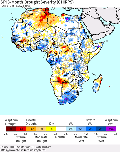 Africa SPI 3-Month Drought Severity (CHIRPS) Thematic Map For 10/6/2022 - 1/5/2023