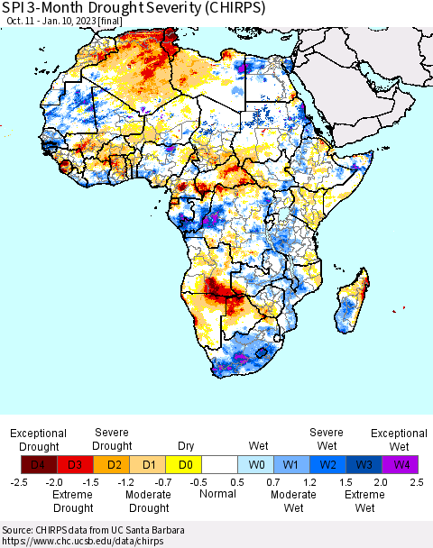 Africa SPI 3-Month Drought Severity (CHIRPS) Thematic Map For 10/11/2022 - 1/10/2023