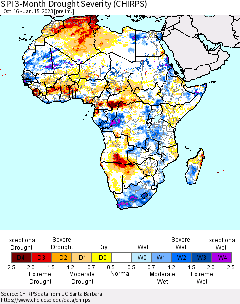 Africa SPI 3-Month Drought Severity (CHIRPS) Thematic Map For 10/16/2022 - 1/15/2023