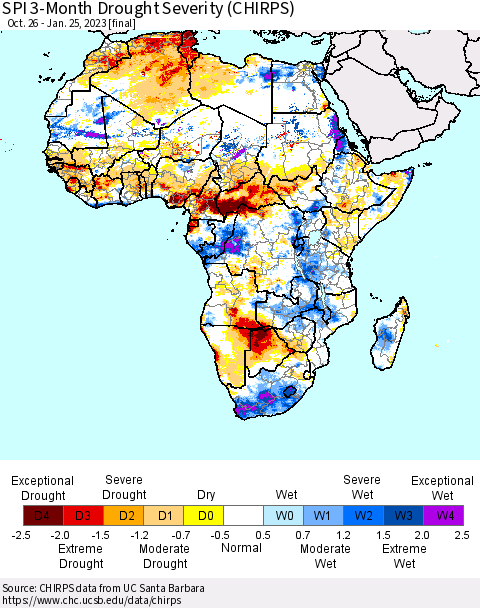 Africa SPI 3-Month Drought Severity (CHIRPS) Thematic Map For 10/26/2022 - 1/25/2023