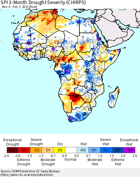 Africa SPI 3-Month Drought Severity (CHIRPS) Thematic Map For 11/6/2022 - 2/5/2023