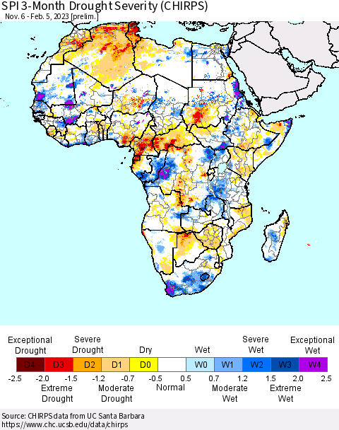 Africa SPI 3-Month Drought Severity (CHIRPS) Thematic Map For 11/6/2022 - 2/5/2023