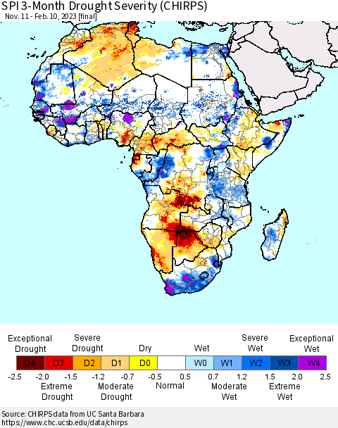 Africa SPI 3-Month Drought Severity (CHIRPS) Thematic Map For 11/11/2022 - 2/10/2023