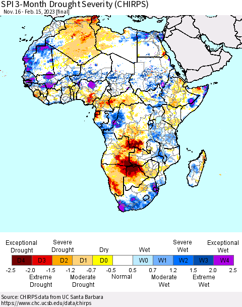 Africa SPI 3-Month Drought Severity (CHIRPS) Thematic Map For 11/16/2022 - 2/15/2023