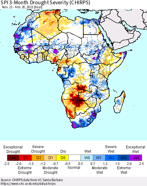 Africa SPI 3-Month Drought Severity (CHIRPS) Thematic Map For 11/21/2022 - 2/20/2023