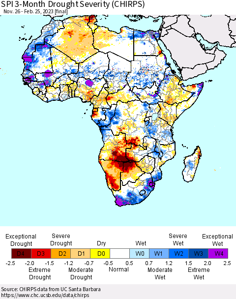 Africa SPI 3-Month Drought Severity (CHIRPS) Thematic Map For 11/26/2022 - 2/25/2023