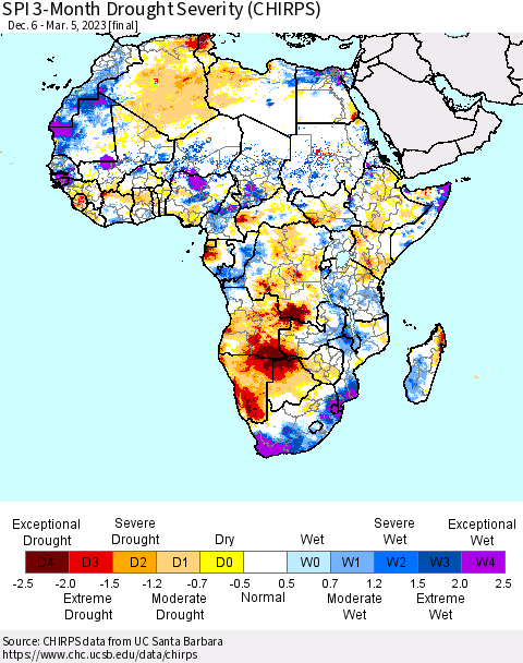 Africa SPI 3-Month Drought Severity (CHIRPS) Thematic Map For 12/6/2022 - 3/5/2023