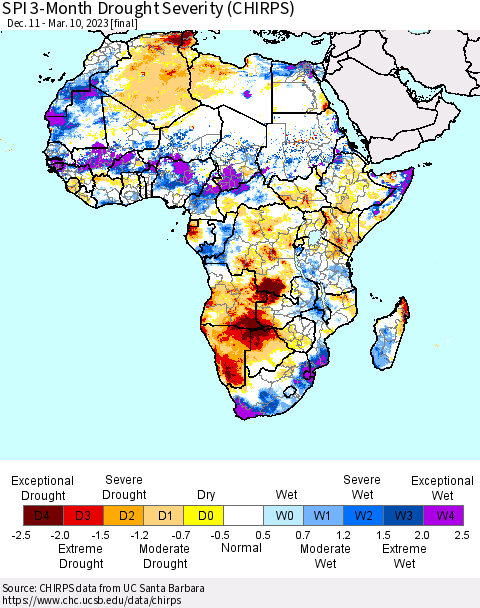 Africa SPI 3-Month Drought Severity (CHIRPS) Thematic Map For 12/11/2022 - 3/10/2023