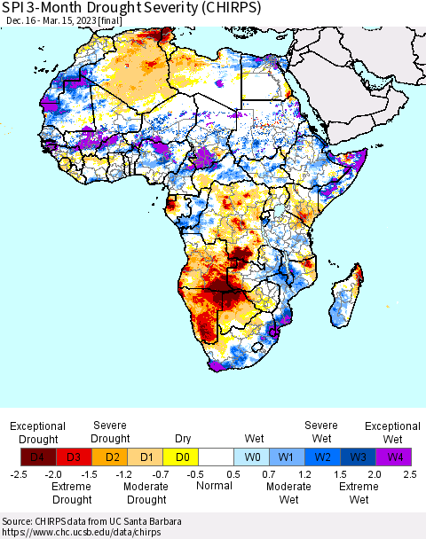 Africa SPI 3-Month Drought Severity (CHIRPS) Thematic Map For 12/16/2022 - 3/15/2023