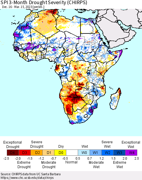 Africa SPI 3-Month Drought Severity (CHIRPS) Thematic Map For 12/16/2022 - 3/15/2023