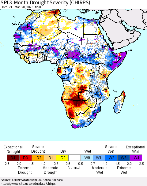 Africa SPI 3-Month Drought Severity (CHIRPS) Thematic Map For 12/21/2022 - 3/20/2023