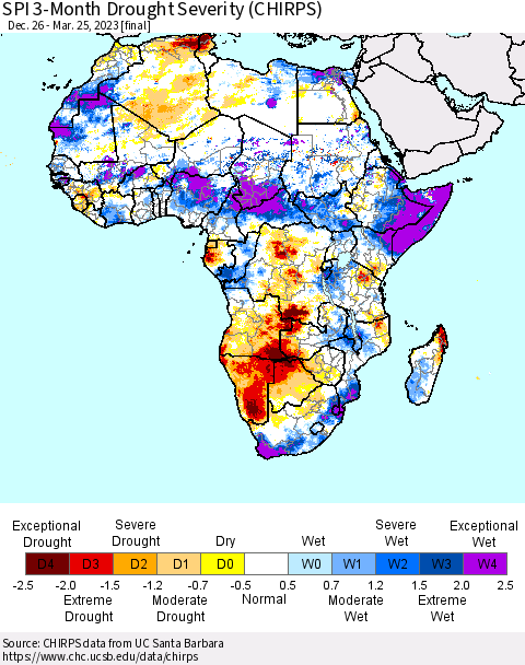 Africa SPI 3-Month Drought Severity (CHIRPS) Thematic Map For 12/26/2022 - 3/25/2023