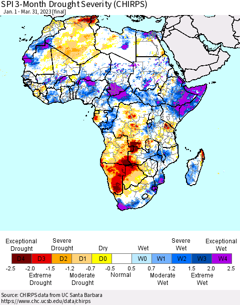 Africa SPI 3-Month Drought Severity (CHIRPS) Thematic Map For 1/1/2023 - 3/31/2023