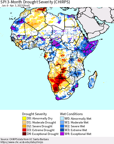 Africa SPI 3-Month Drought Severity (CHIRPS) Thematic Map For 1/6/2023 - 4/5/2023