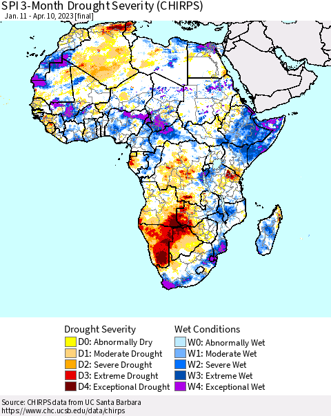 Africa SPI 3-Month Drought Severity (CHIRPS) Thematic Map For 1/11/2023 - 4/10/2023