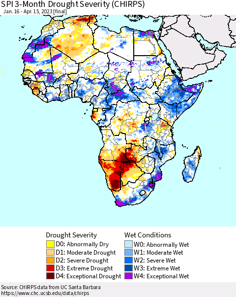 Africa SPI 3-Month Drought Severity (CHIRPS) Thematic Map For 1/16/2023 - 4/15/2023