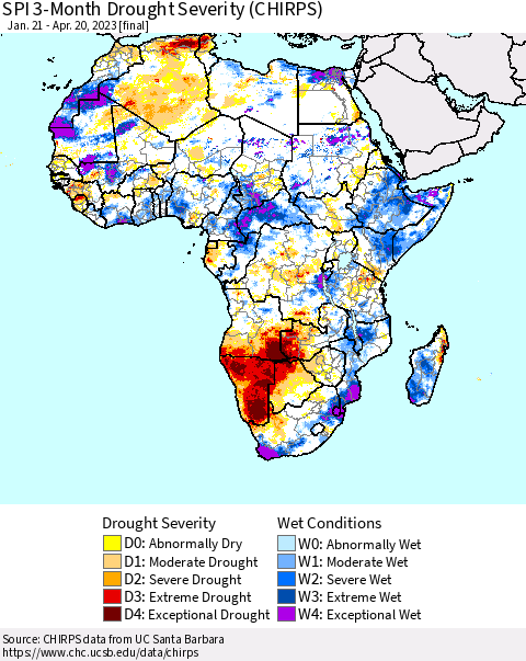 Africa SPI 3-Month Drought Severity (CHIRPS) Thematic Map For 1/21/2023 - 4/20/2023