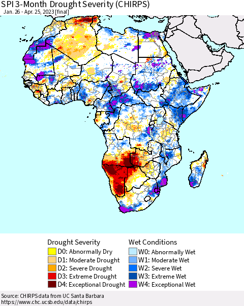 Africa SPI 3-Month Drought Severity (CHIRPS) Thematic Map For 1/26/2023 - 4/25/2023