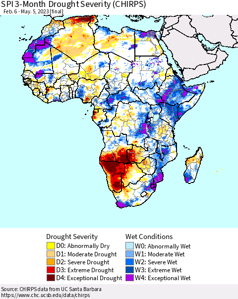 Africa SPI 3-Month Drought Severity (CHIRPS) Thematic Map For 2/6/2023 - 5/5/2023