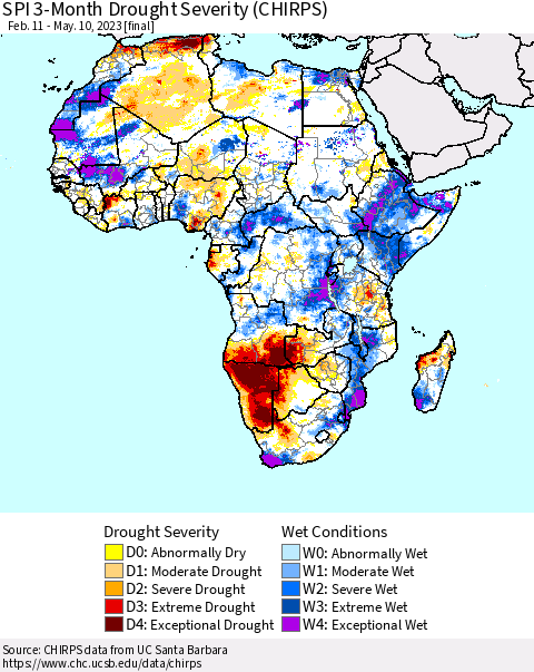 Africa SPI 3-Month Drought Severity (CHIRPS) Thematic Map For 2/11/2023 - 5/10/2023