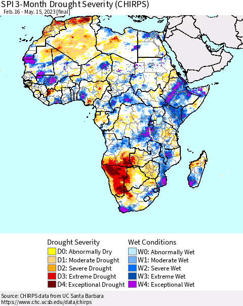 Africa SPI 3-Month Drought Severity (CHIRPS) Thematic Map For 2/16/2023 - 5/15/2023