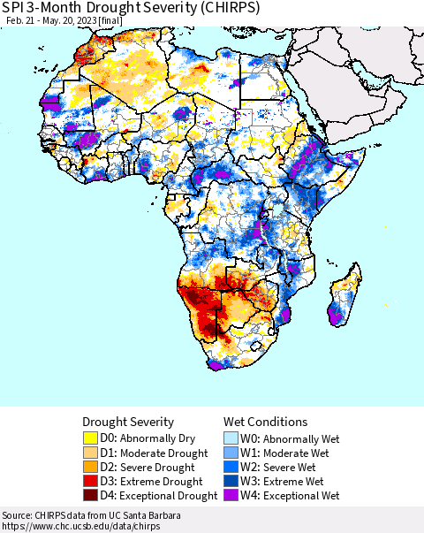 Africa SPI 3-Month Drought Severity (CHIRPS) Thematic Map For 2/21/2023 - 5/20/2023