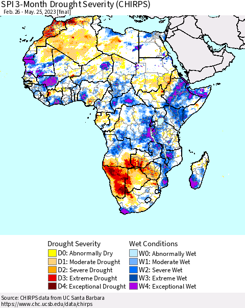 Africa SPI 3-Month Drought Severity (CHIRPS) Thematic Map For 2/26/2023 - 5/25/2023
