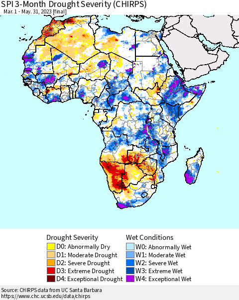 Africa SPI 3-Month Drought Severity (CHIRPS) Thematic Map For 3/1/2023 - 5/31/2023