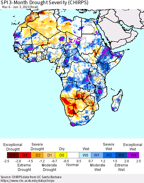 Africa SPI 3-Month Drought Severity (CHIRPS) Thematic Map For 3/6/2023 - 6/5/2023