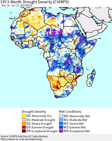 Africa SPI 3-Month Drought Severity (CHIRPS) Thematic Map For 3/16/2023 - 6/15/2023
