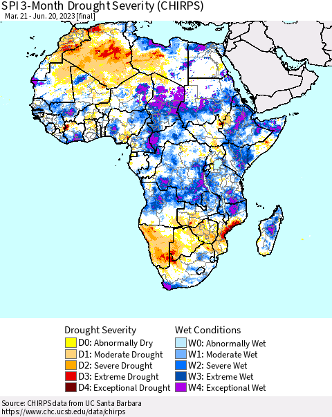 Africa SPI 3-Month Drought Severity (CHIRPS) Thematic Map For 3/21/2023 - 6/20/2023