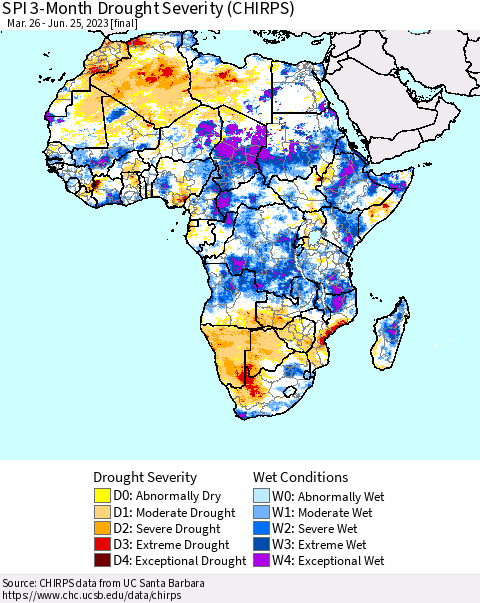 Africa SPI 3-Month Drought Severity (CHIRPS) Thematic Map For 3/26/2023 - 6/25/2023