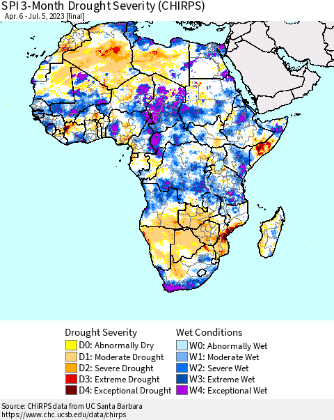 Africa SPI 3-Month Drought Severity (CHIRPS) Thematic Map For 4/6/2023 - 7/5/2023
