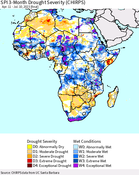 Africa SPI 3-Month Drought Severity (CHIRPS) Thematic Map For 4/11/2023 - 7/10/2023