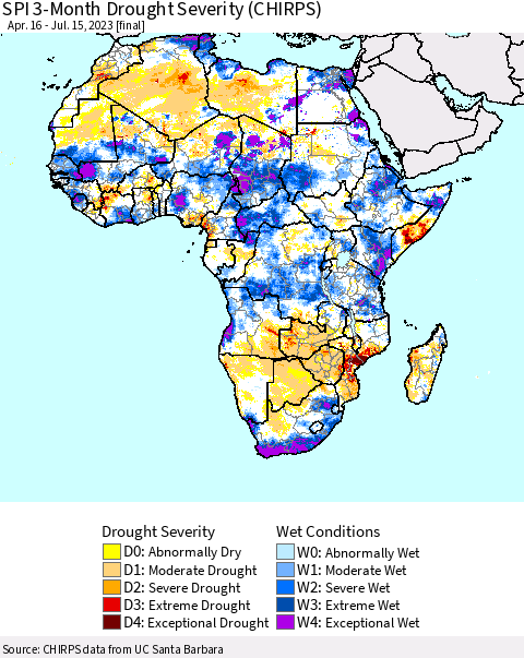 Africa SPI 3-Month Drought Severity (CHIRPS) Thematic Map For 4/16/2023 - 7/15/2023