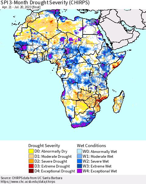 Africa SPI 3-Month Drought Severity (CHIRPS) Thematic Map For 4/21/2023 - 7/20/2023