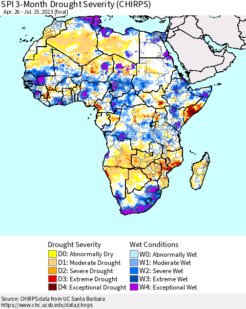 Africa SPI 3-Month Drought Severity (CHIRPS) Thematic Map For 4/26/2023 - 7/25/2023