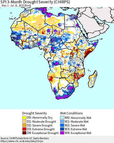 Africa SPI 3-Month Drought Severity (CHIRPS) Thematic Map For 5/1/2023 - 7/31/2023