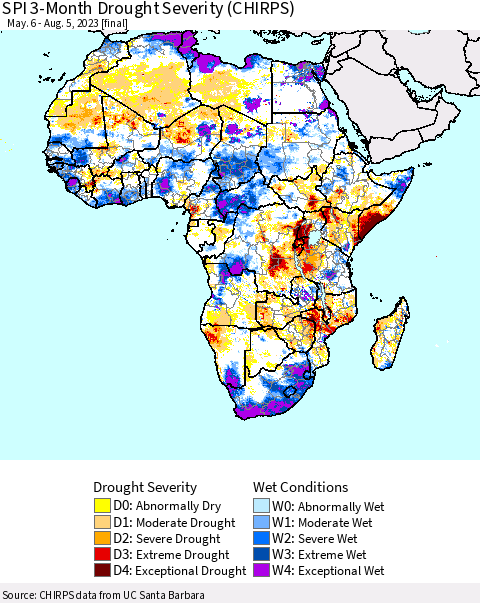 Africa SPI 3-Month Drought Severity (CHIRPS) Thematic Map For 5/6/2023 - 8/5/2023