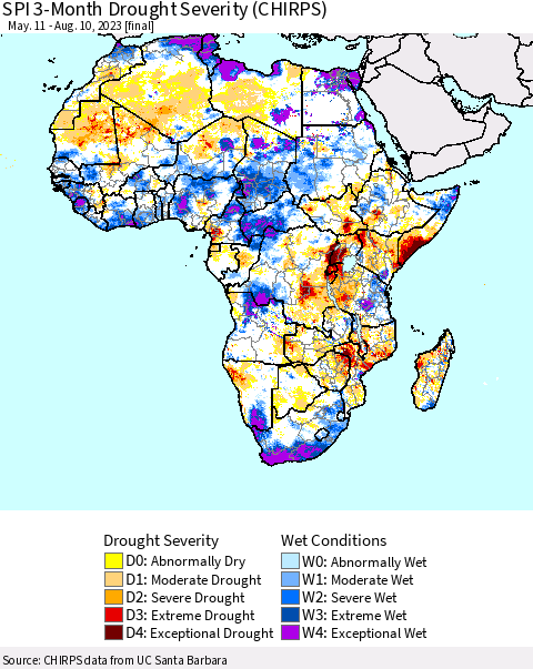 Africa SPI 3-Month Drought Severity (CHIRPS) Thematic Map For 5/11/2023 - 8/10/2023