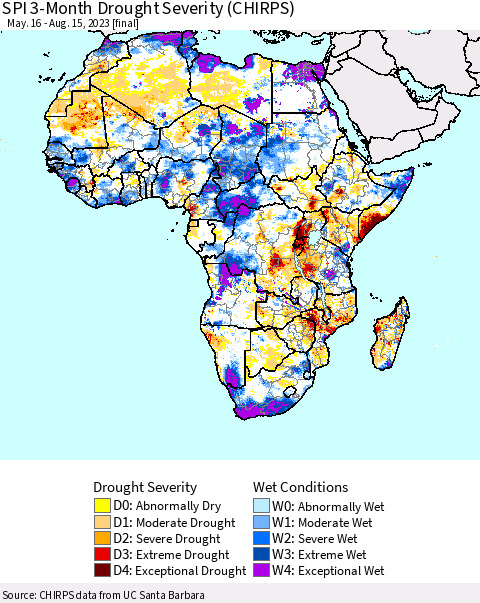 Africa SPI 3-Month Drought Severity (CHIRPS) Thematic Map For 5/16/2023 - 8/15/2023