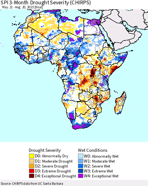 Africa SPI 3-Month Drought Severity (CHIRPS) Thematic Map For 5/21/2023 - 8/20/2023