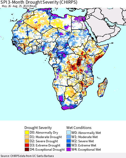 Africa SPI 3-Month Drought Severity (CHIRPS) Thematic Map For 5/26/2023 - 8/25/2023