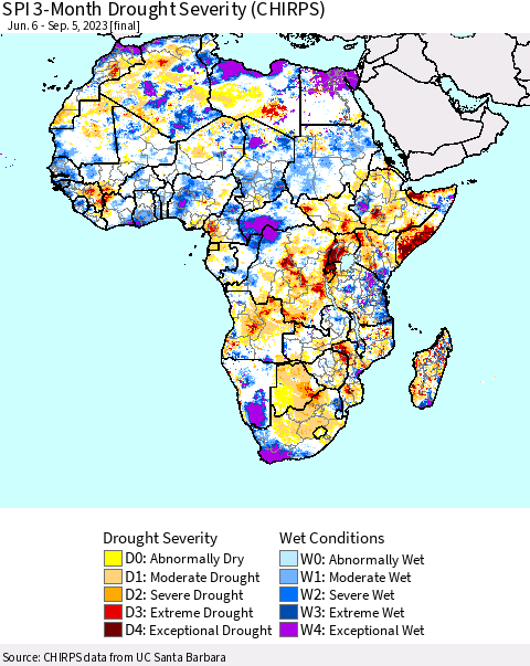 Africa SPI 3-Month Drought Severity (CHIRPS) Thematic Map For 6/6/2023 - 9/5/2023